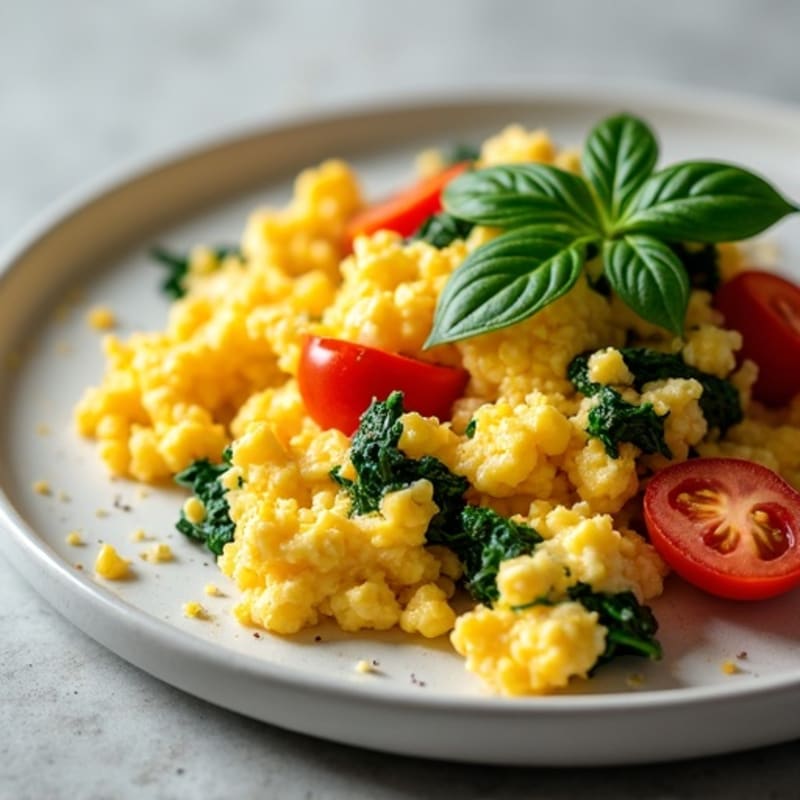 Fluffy Scrambled Eggs with Sautéed Spinach and Cherry Tomatoes