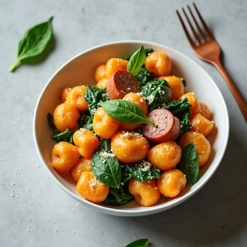 Creamy Sweet Potato Gnocchi with Spinach and Lean Chicken Sausage