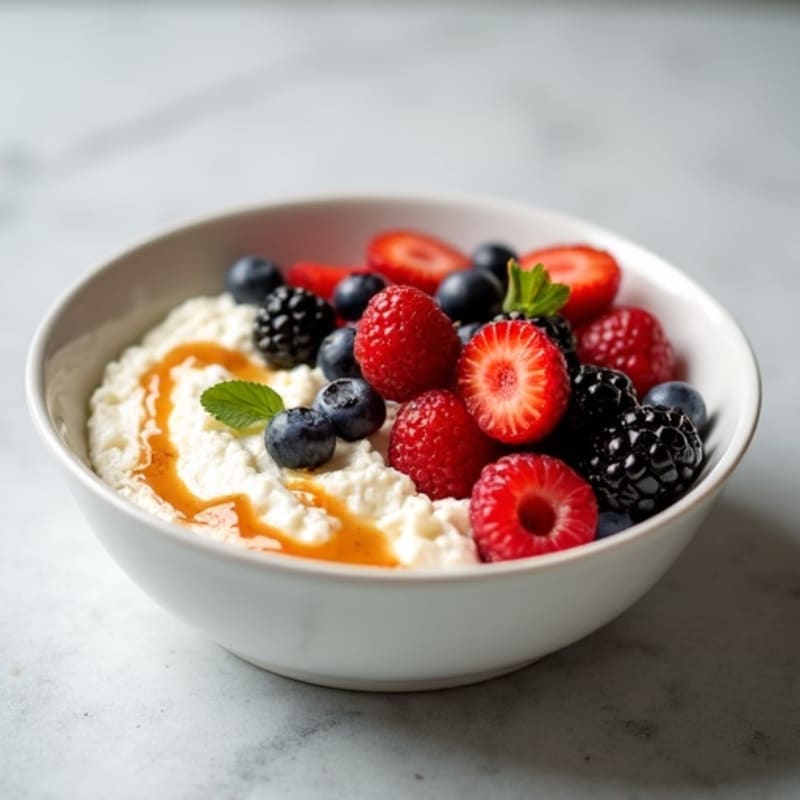 Cottage Cheese Bowl with Mixed Berries and Drizzled Almond Butter
