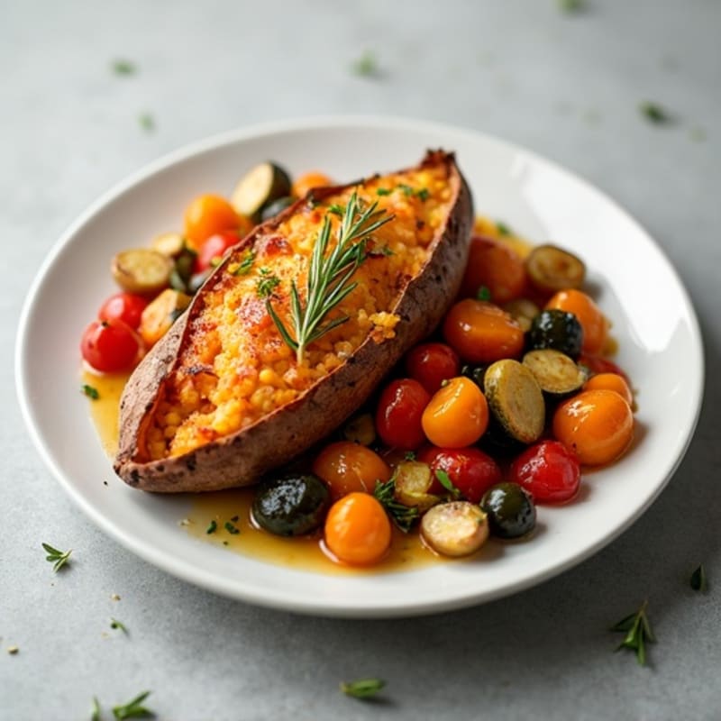 Oven-Baked Sweet Potato with Crispy Turkey Rashers and Roasted Mixed Vegetables