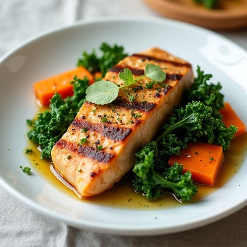 Tuna with Roasted Sweet Potatoes and Crispy Greens