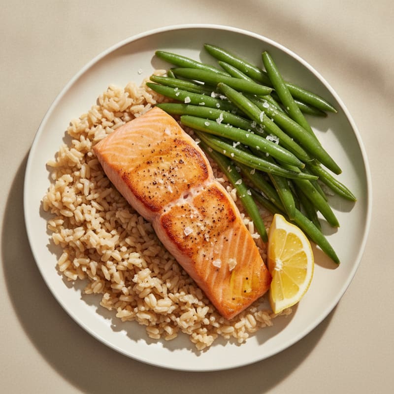 Seared Salmon Fillet with Steamed Green Beans and Brown Rice
