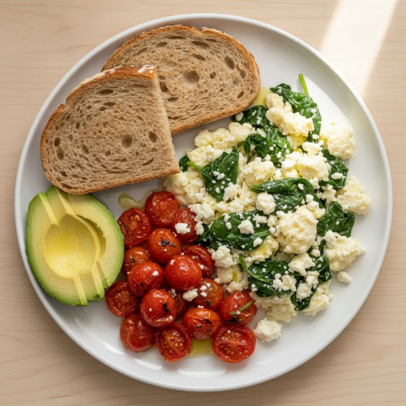 Egg White Spinach Scramble with Feta and Roasted Tomatoes