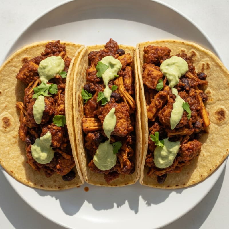 Jackfruit Adobo Tacos with Avocado Crema