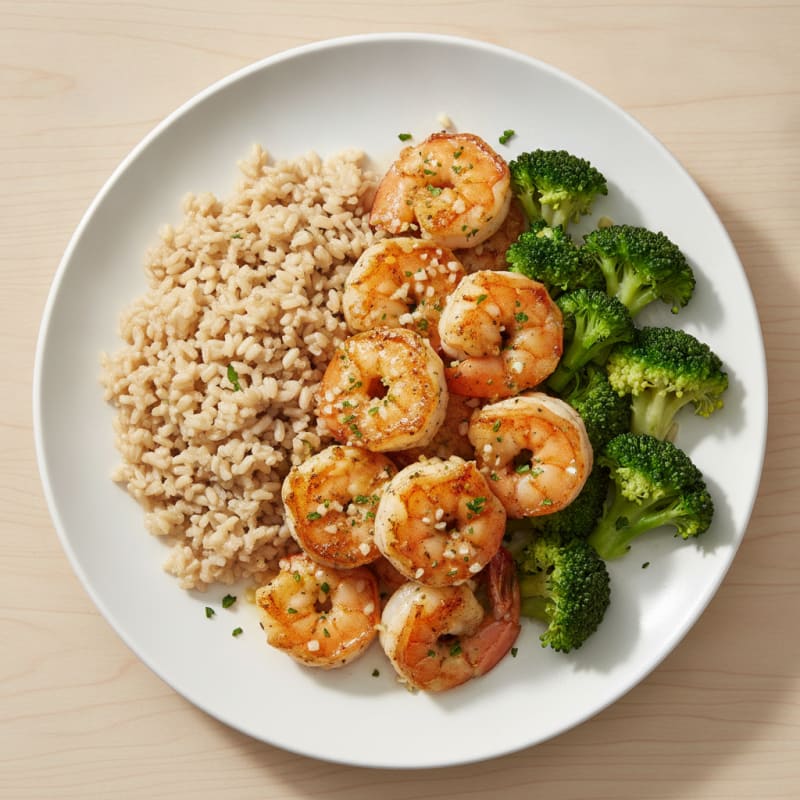 Seared Garlic Shrimp with Steamed Broccoli and Brown Rice