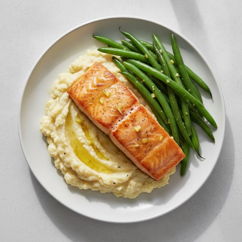 Seared Salmon Fillet with Steamed Green Beans and Garlic Mashed Cauliflower