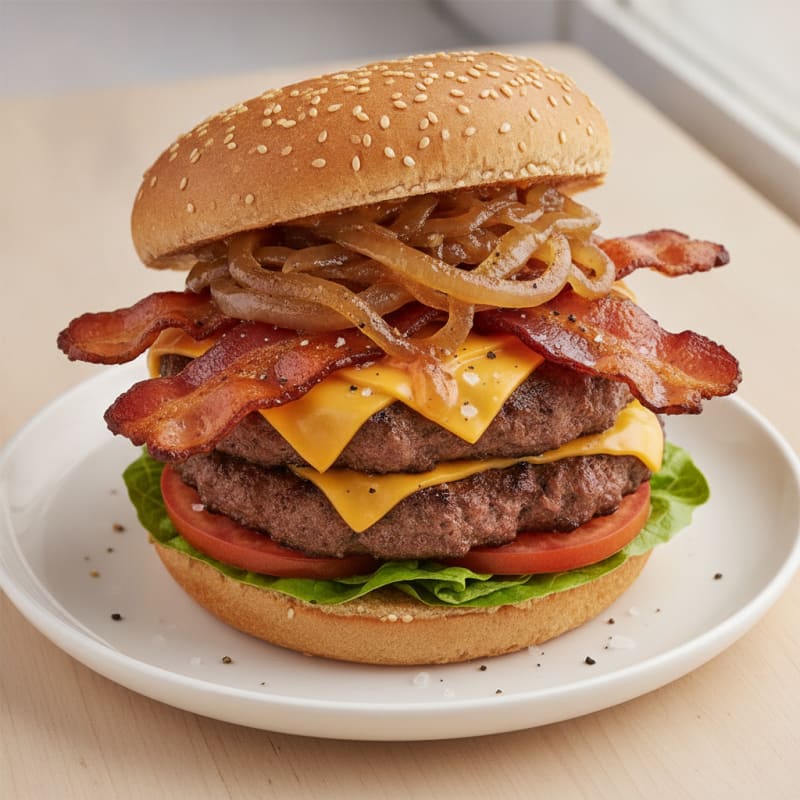 Double Bacon Cheeseburger with Caramelized Onions