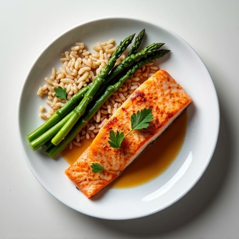 Seared Salmon Fillet with Steamed Asparagus and Brown Rice