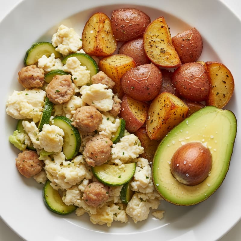 Egg White and Chicken Sausage Scramble with Roasted Red Potatoes and Avocado