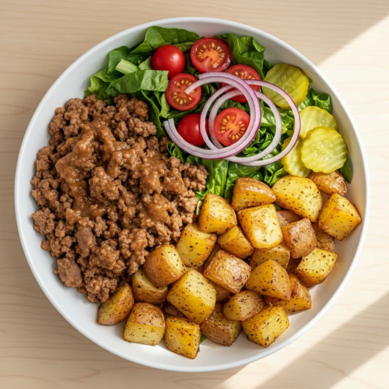 Beef Burger Bowl with Roasted Potatoes