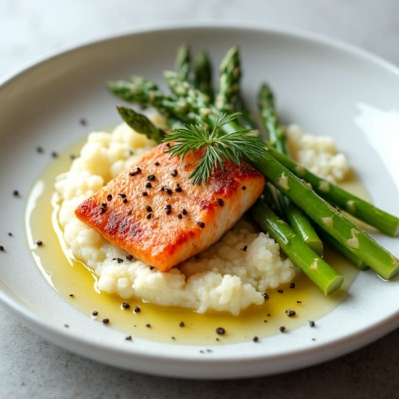 Seared Salmon with Steamed Asparagus and Cauliflower Mash