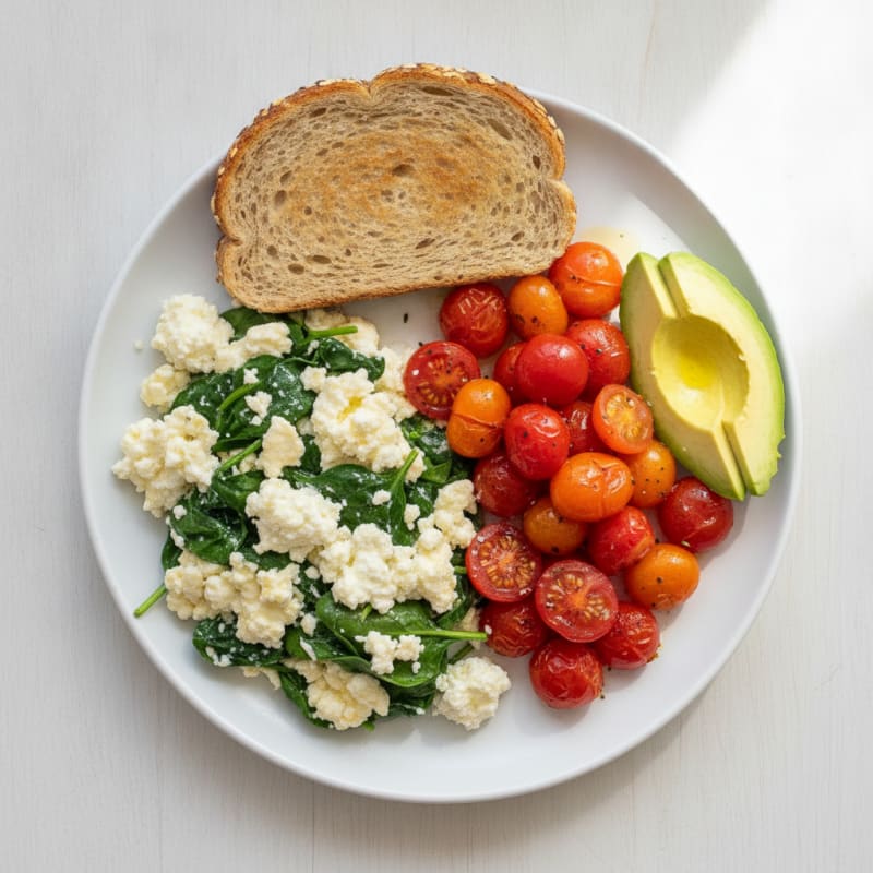 Egg White and Spinach Scramble with Cottage Cheese and Cherry Tomatoes