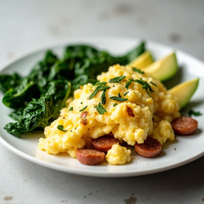 Egg White Scramble with Turkey Sausage and Sautéed Spinach