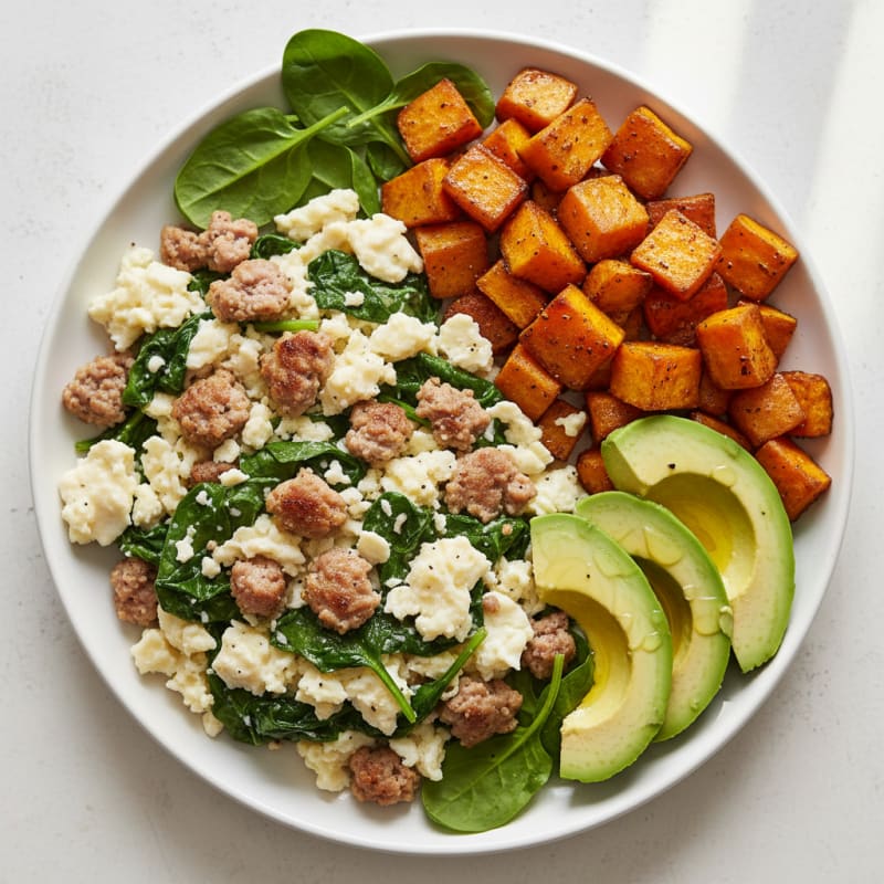 Scrambled Egg Whites with Turkey Sausage and Sautéed Spinach
