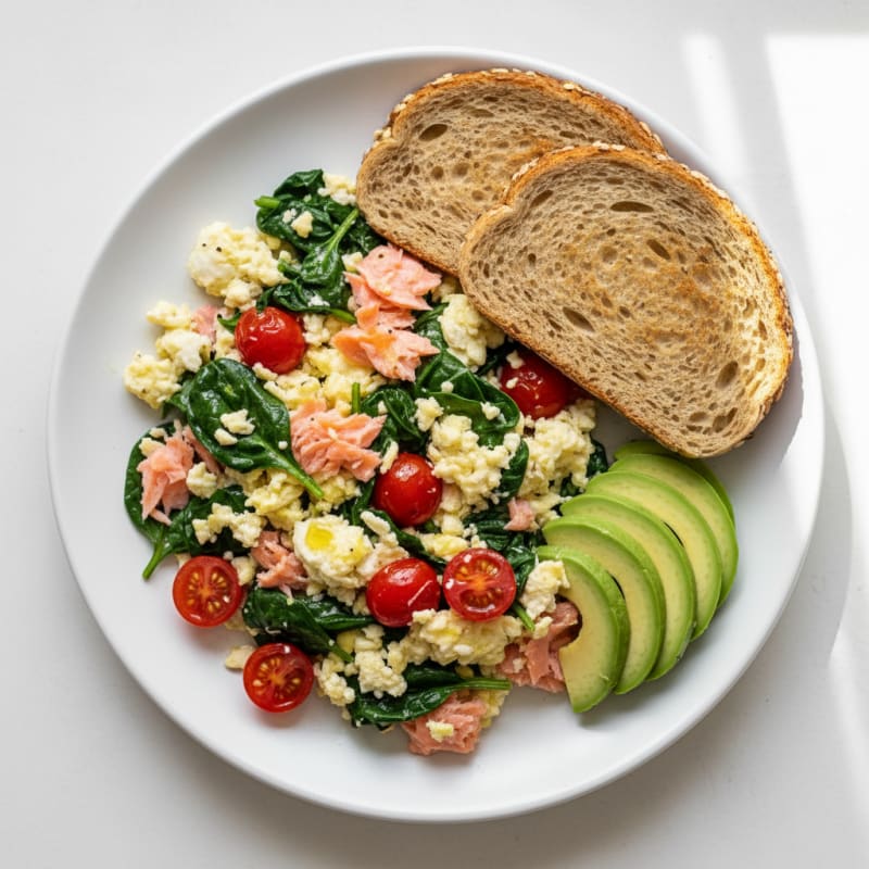 Smoked Salmon Egg White Scramble with Spinach and Cherry Tomatoes