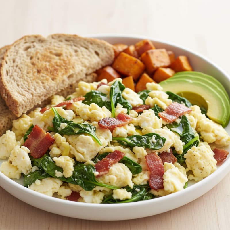 Crispy Turkey Bacon and Egg White Scramble with Sautéed Spinach