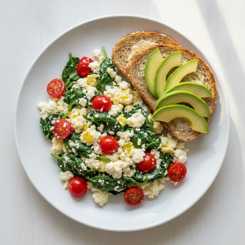 Egg White Spinach Scramble with Cottage Cheese and Tomatoes