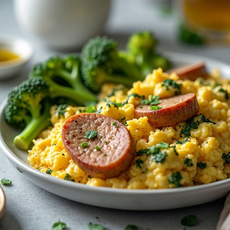 Chicken Sausage and Spinach Egg Scramble with Roasted Broccoli