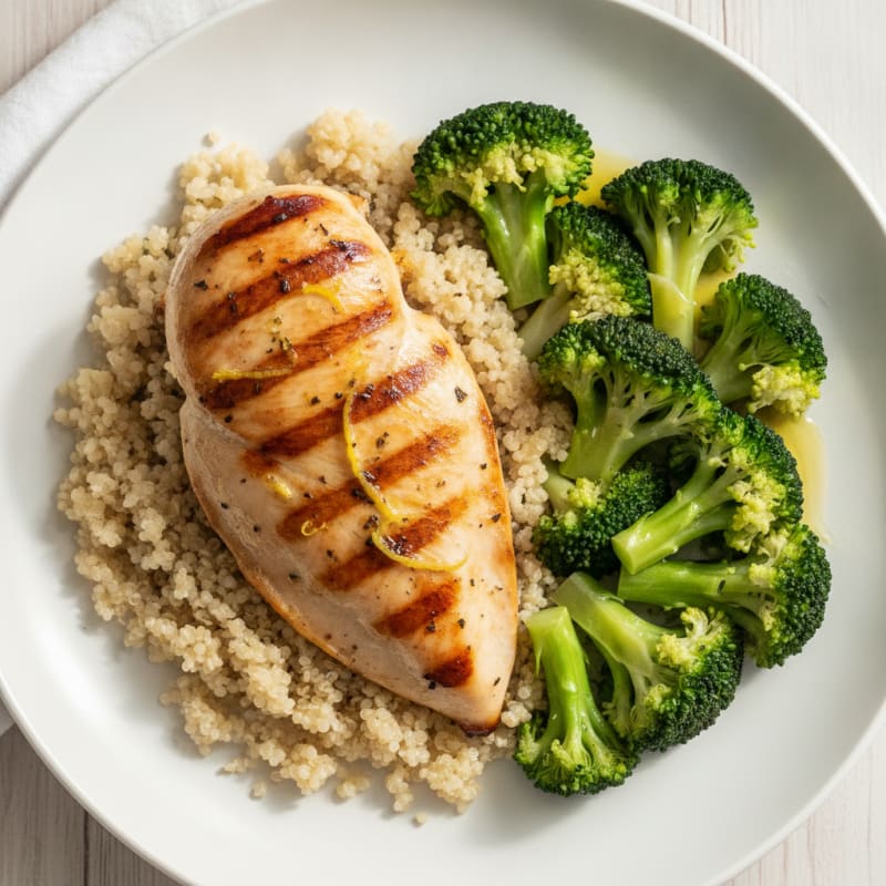 Grilled Chicken Breast with Steamed Broccoli and Quinoa