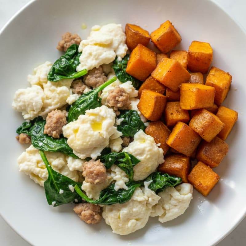 Egg White and Turkey Sausage Scramble with Spinach and Roasted Sweet Potatoes