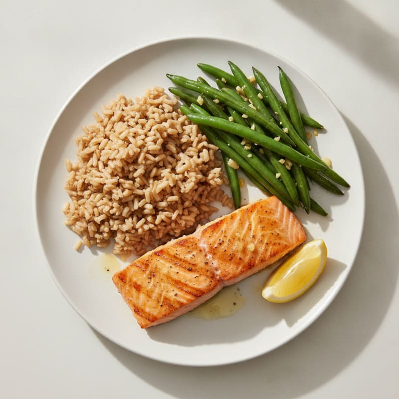 Seared Salmon Fillet with Garlic Green Beans and Brown Rice