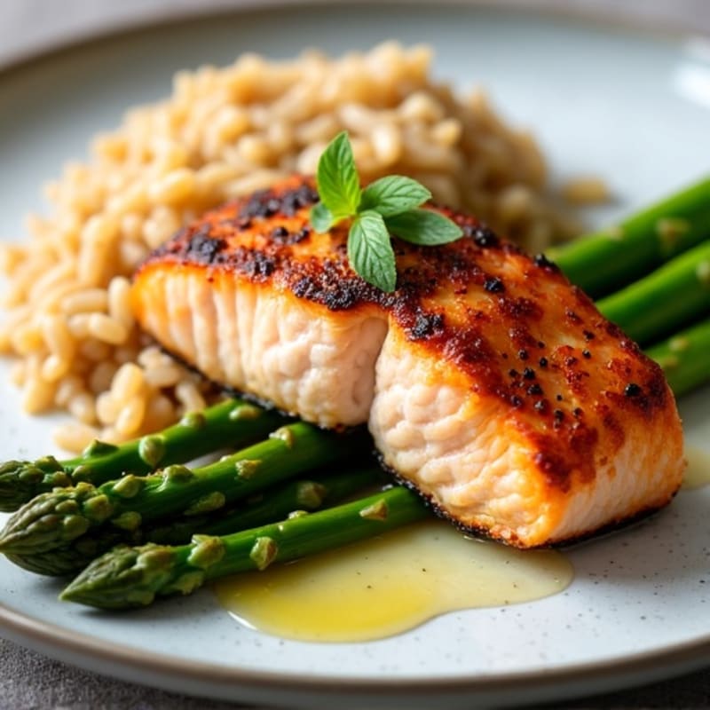 Seared Salmon with Steamed Asparagus and Brown Rice