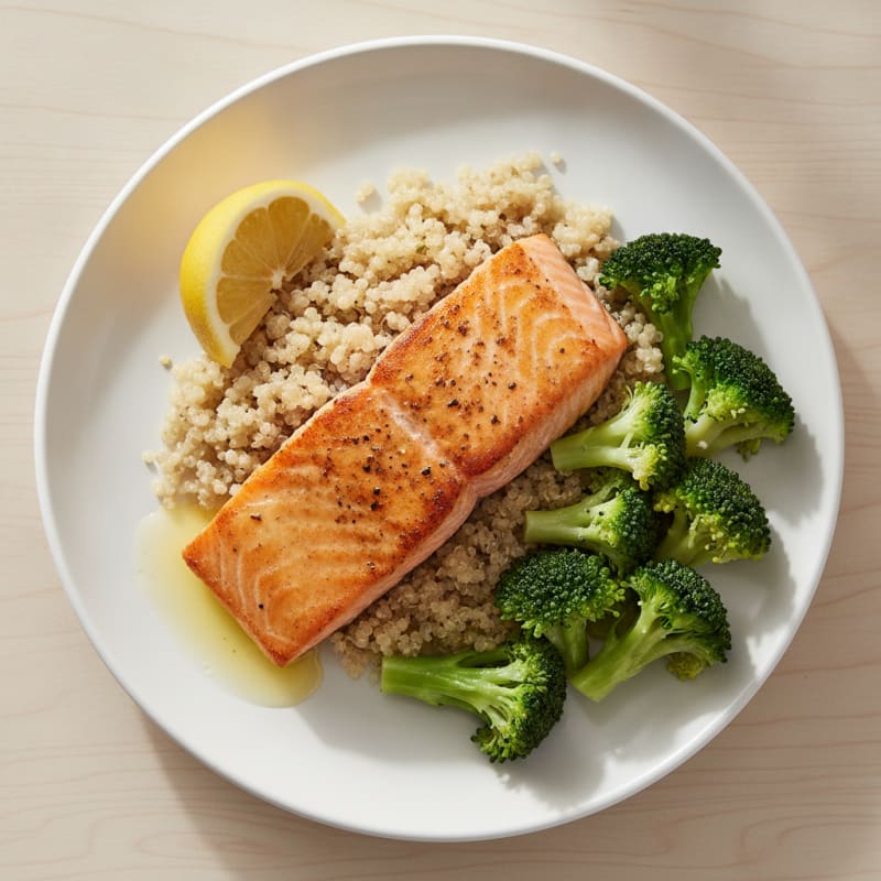 Seared Salmon Filet with Steamed Broccoli and Quinoa