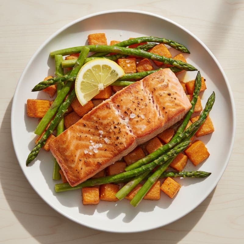 Seared Salmon Fillet with Roasted Sweet Potato and Asparagus