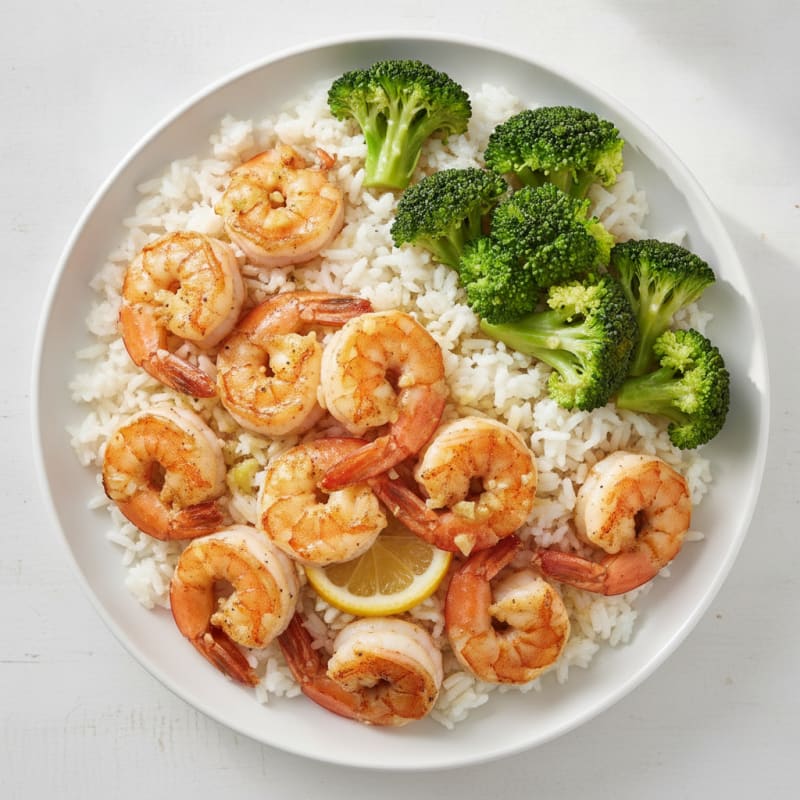 Seared Shrimp and Rice Plate with Steamed Broccoli