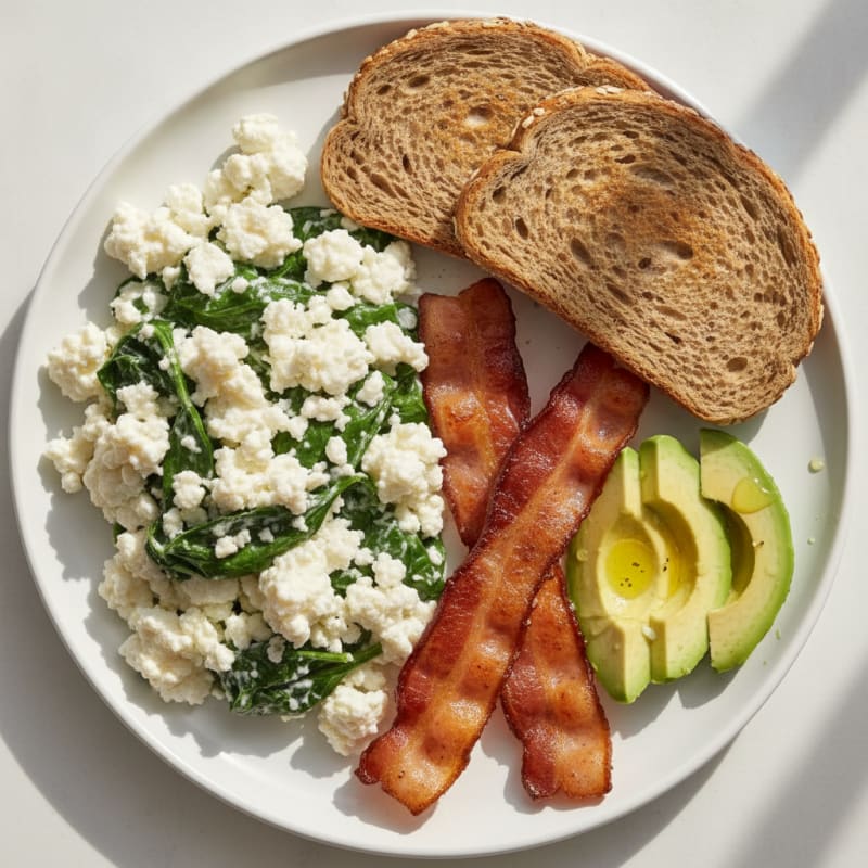 Cottage Cheese Egg White Scramble with Spinach and Turkey Bacon