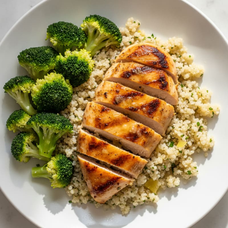 Grilled Chicken Breast with Steamed Broccoli and Quinoa