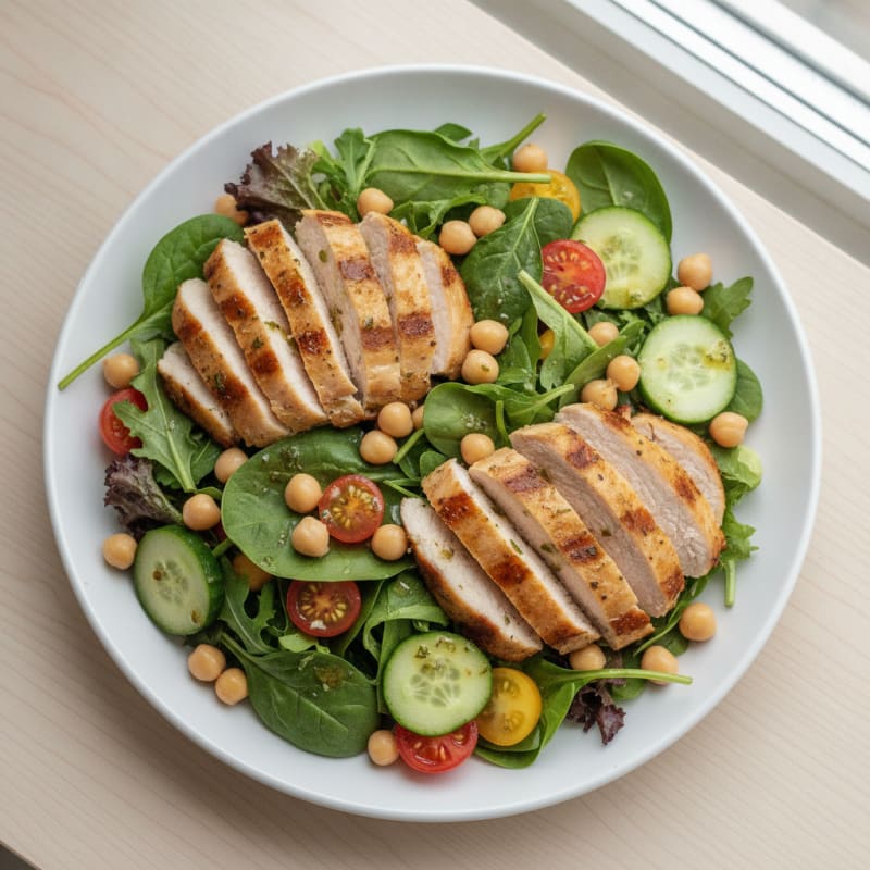 Grilled Turkey Breast Salad with Mixed Greens and Chickpeas