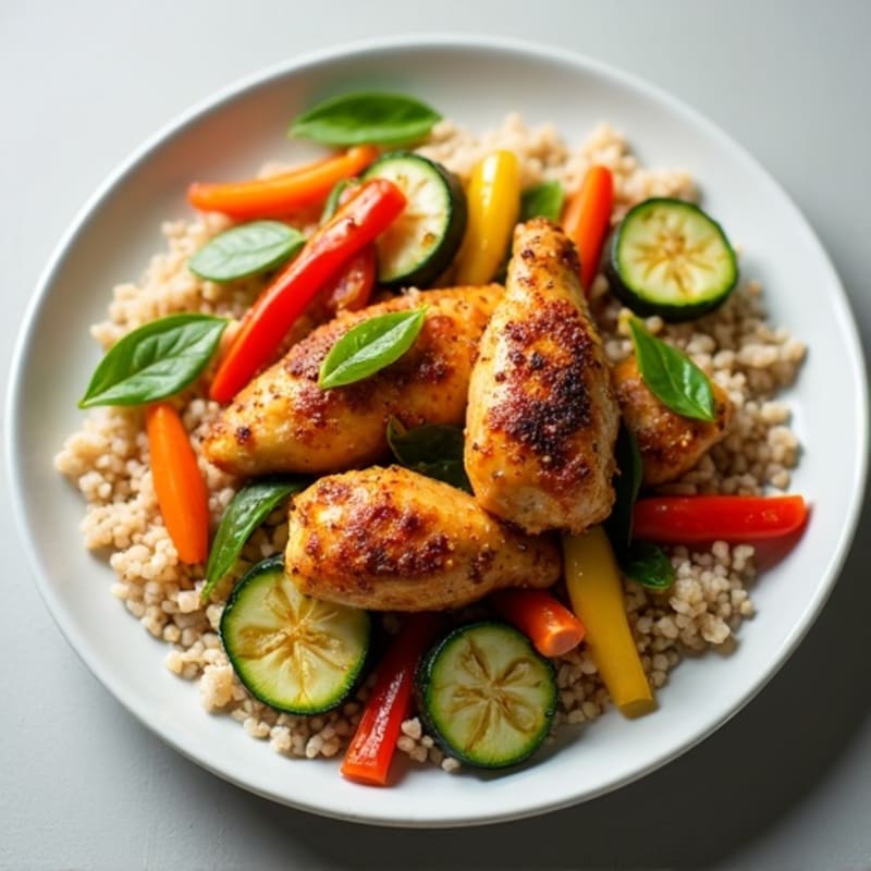 Crispy Chicken and Fresh Vegetable Stir-Fry with Brown Rice