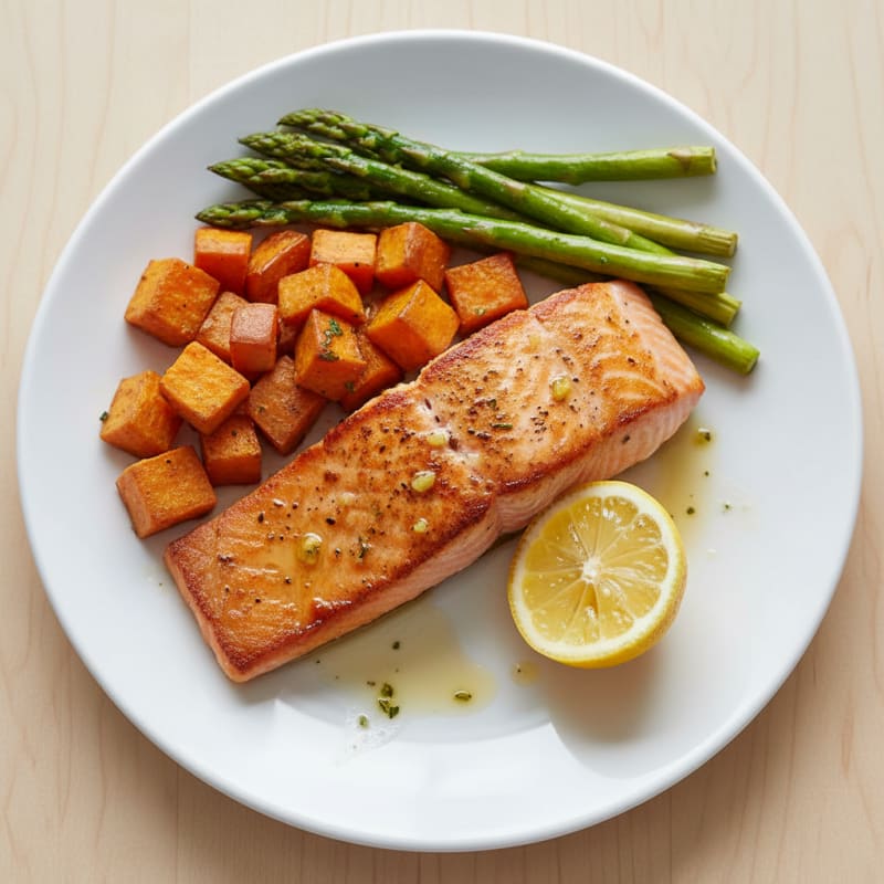 Seared Salmon with Roasted Sweet Potato and Asparagus
