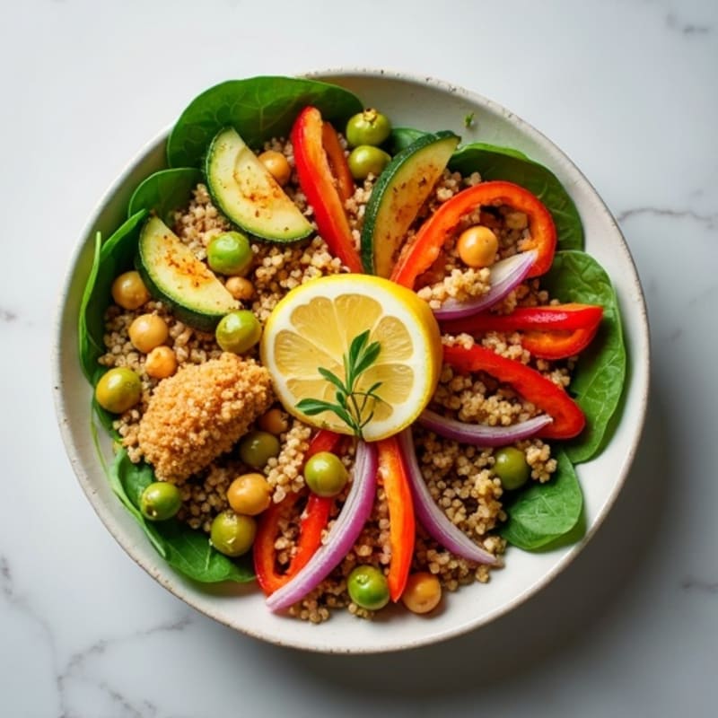 Hearty Quinoa Bowl with Crispy Chickpeas and Roasted Vegetables