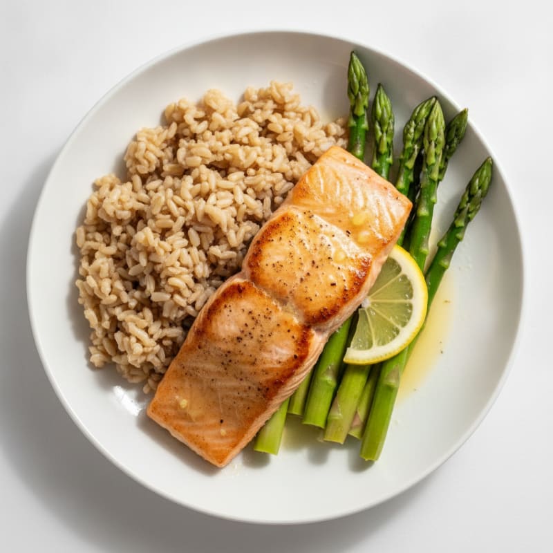 Seared Salmon with Steamed Asparagus and Brown Rice
