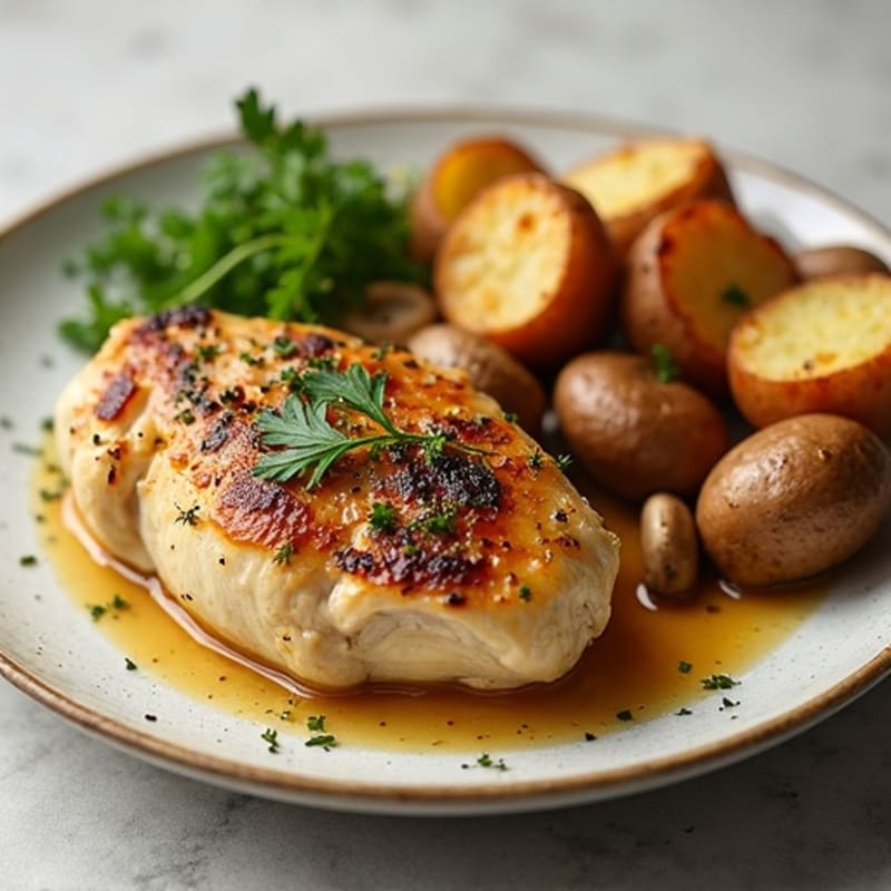 Garlic Butter Roasted Chicken and Mushrooms with Crispy Roasted Potatoes