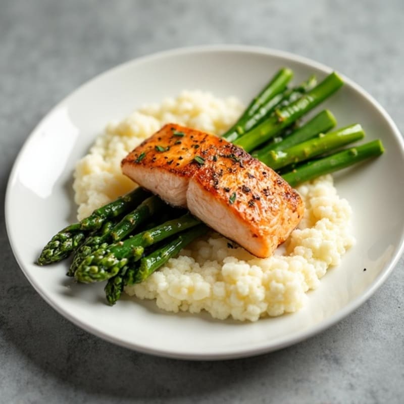 Seared Salmon with Steamed Asparagus and Cauliflower Mash