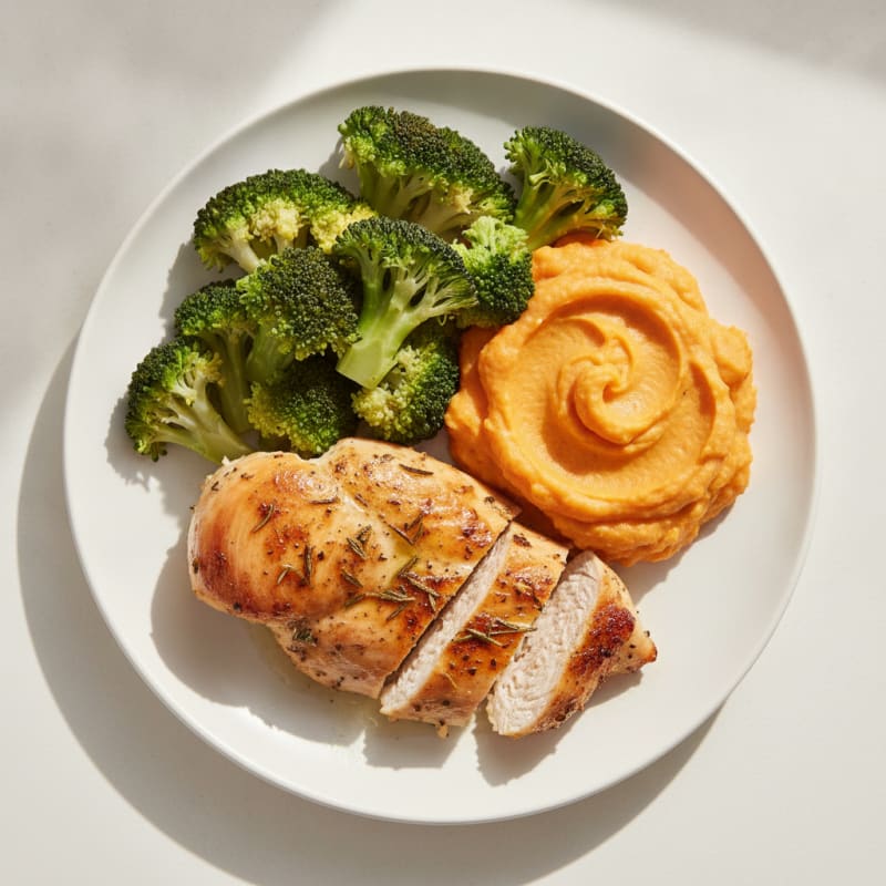 Herb-Baked Chicken Breast with Steamed Broccoli and Sweet Potato Mash