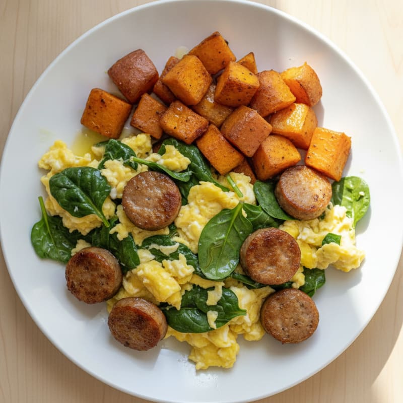 Crispy Turkey Sausage and Spinach Egg Scramble with Roasted Sweet Potatoes