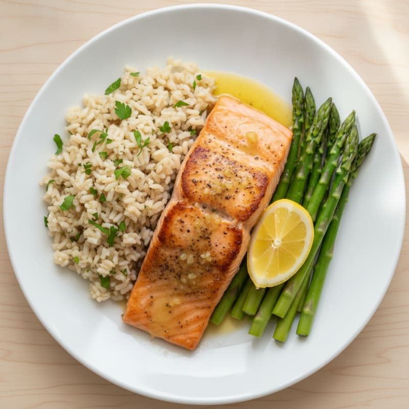 Seared Salmon Fillet with Steamed Asparagus and Herbed Brown Rice