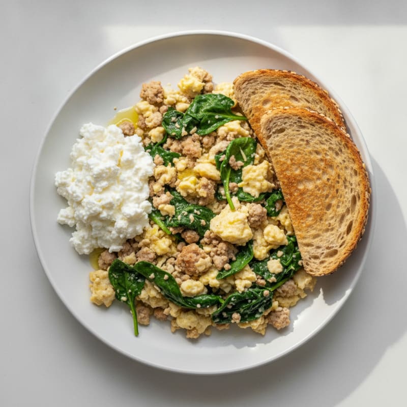 Egg White and Turkey Spinach Scramble with Cottage Cheese