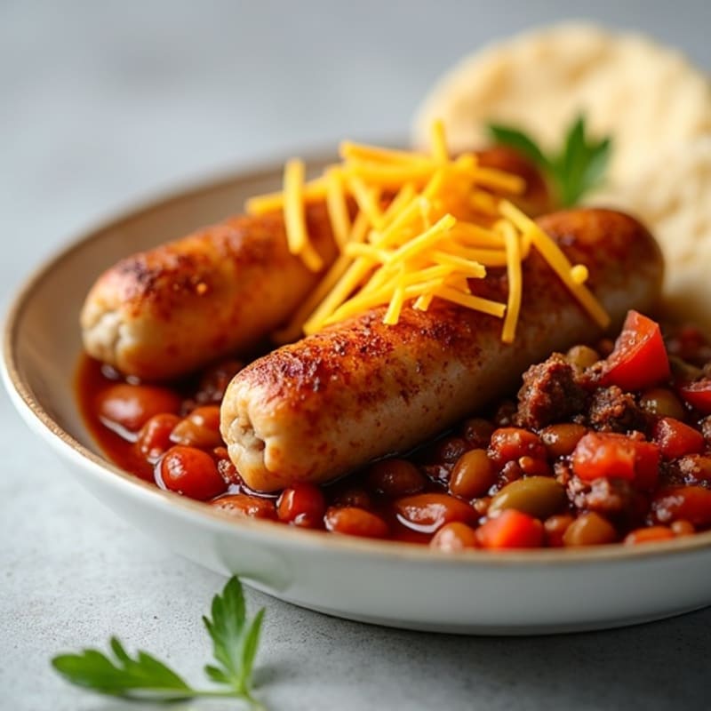 Crispy Chicken Sausage with Hearty Beef Chili and Sharp Cheddar