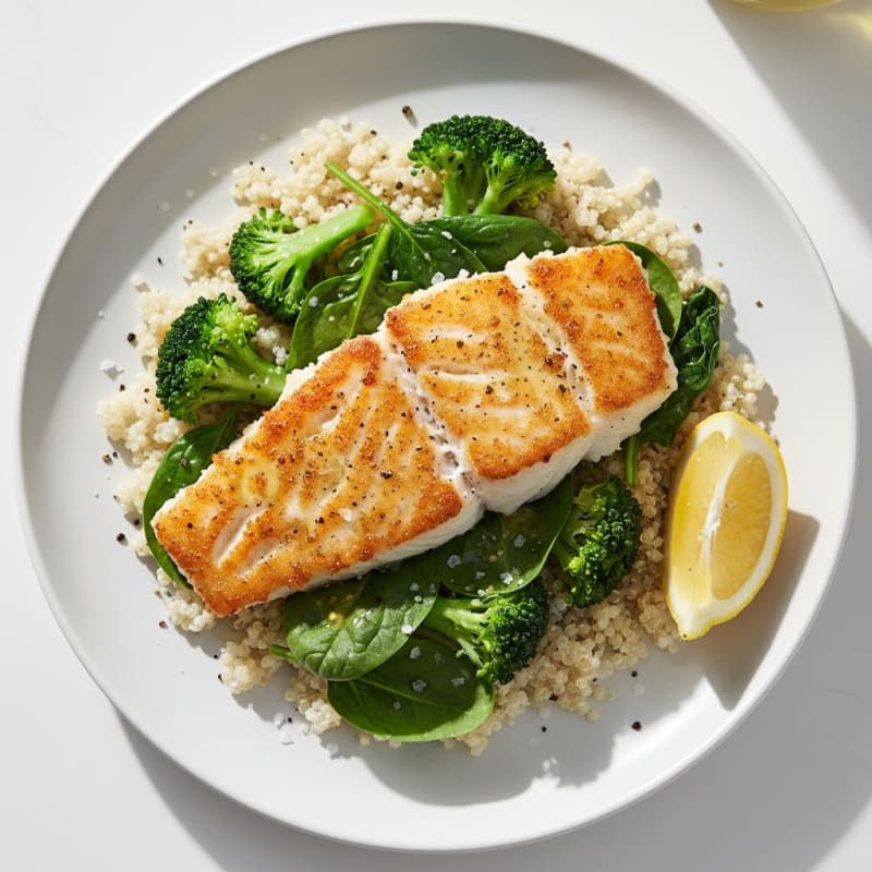 Crispy Pan-Seared Fish with Steamed Greens
