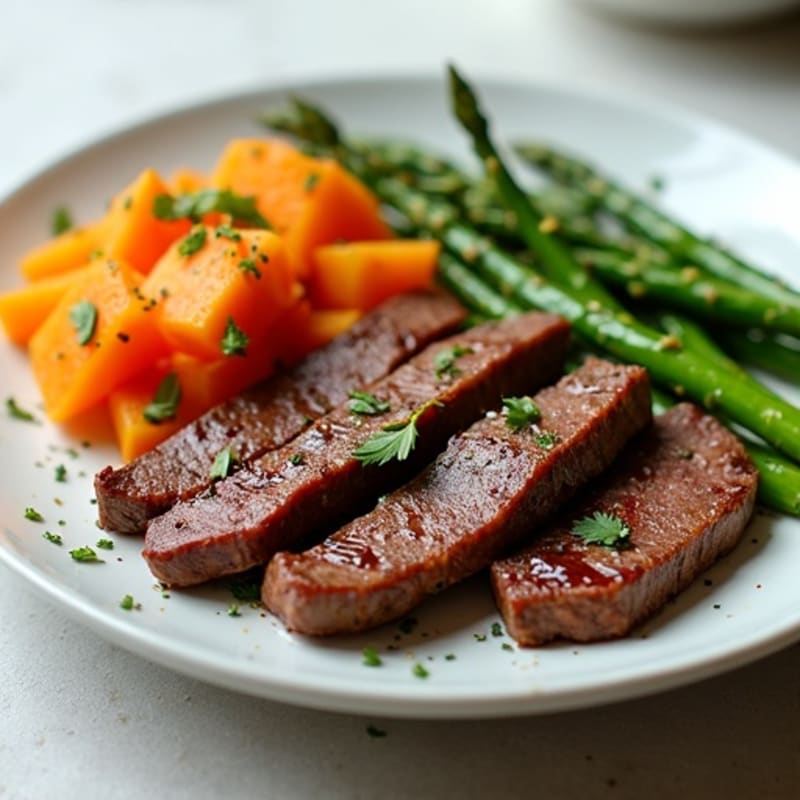 Seared Lean Beef Strips with Roasted Asparagus and Sweet Potato