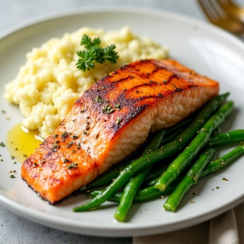 Seared Salmon with Steamed Green Beans and Garlic Mashed Cauliflower