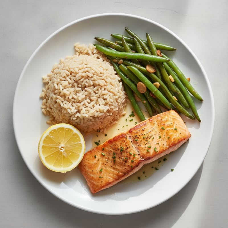Seared Salmon with Garlic Green Beans and Steamed Brown Rice