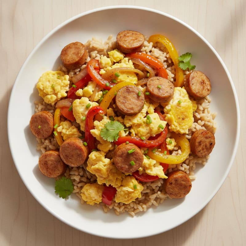 Scrambled Eggs with Chicken Sausage and Sautéed Peppers