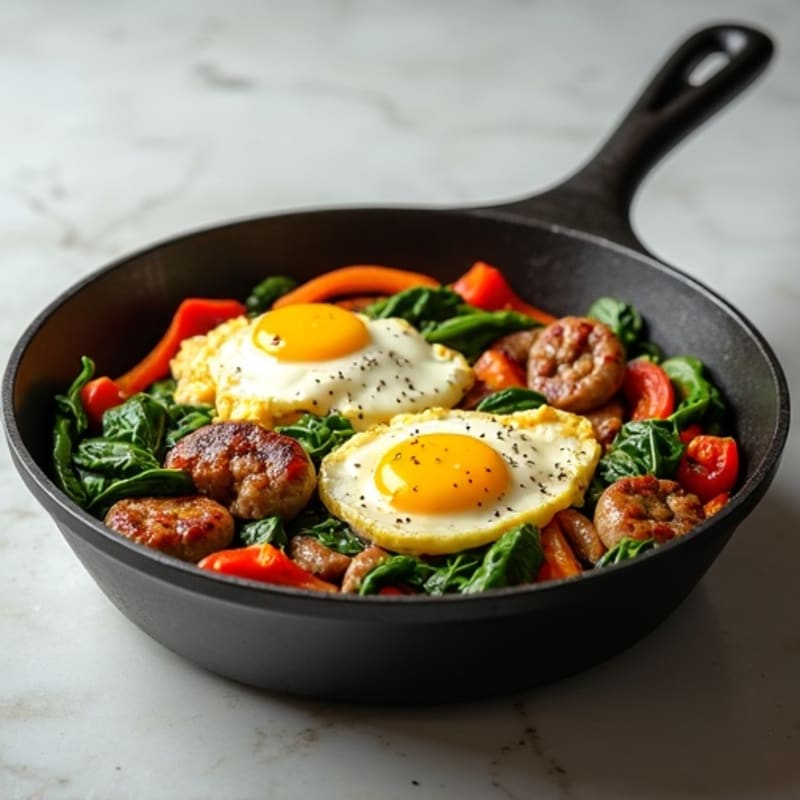 One-Pan Scrambled Egg and Chicken Sausage Skillet with Fresh Spinach and Bell Peppers