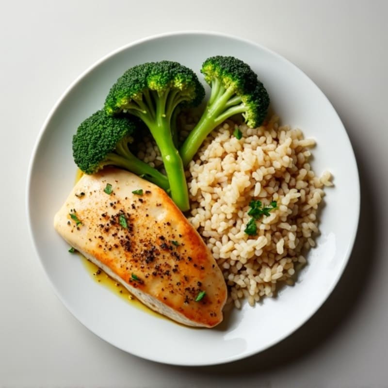 Herb-Baked Chicken Breast with Steamed Broccoli and Brown Rice